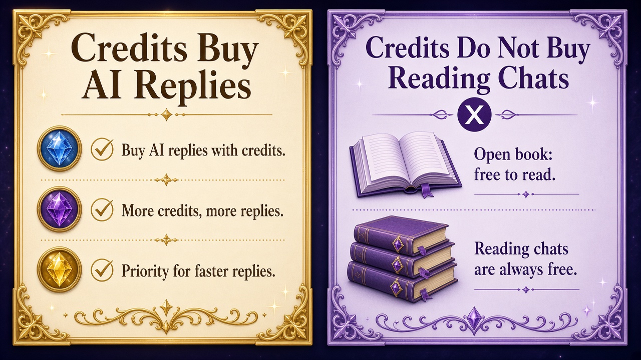 What credits buy (AI replies) versus what stays free (reading chats)