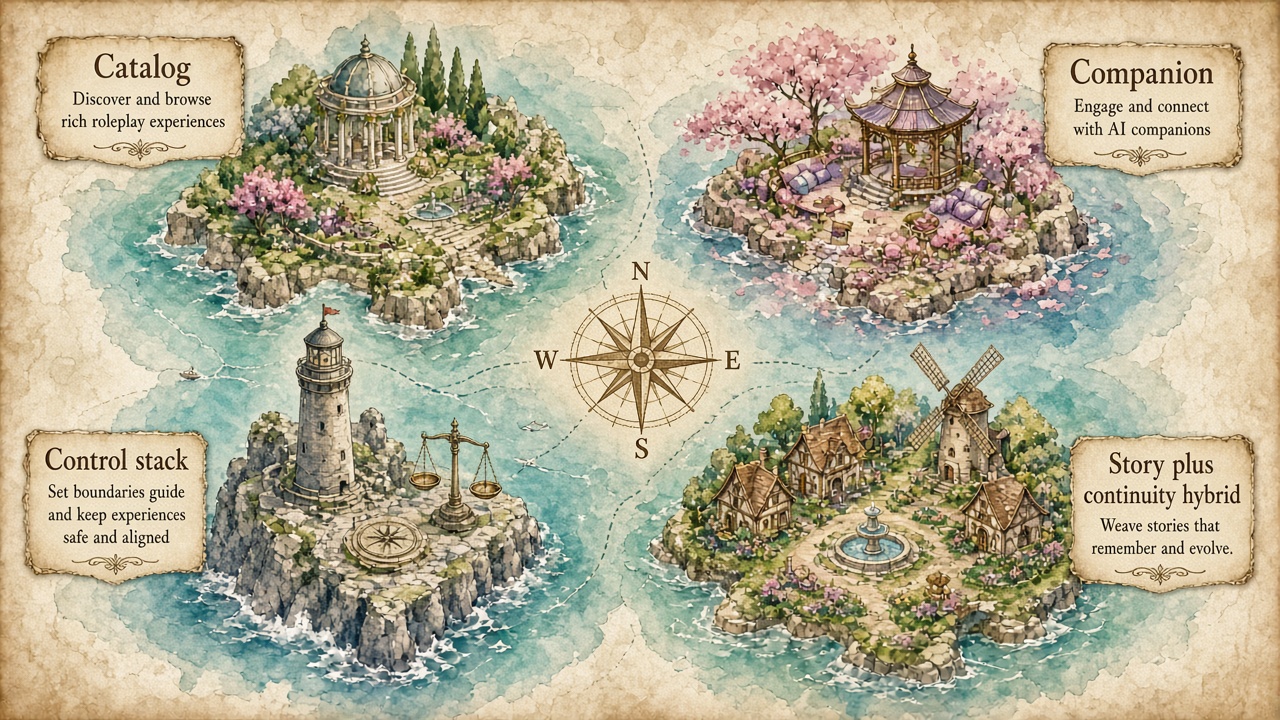 Map of catalogue, companion, control, and story+continuity product types for Character.AI alternatives