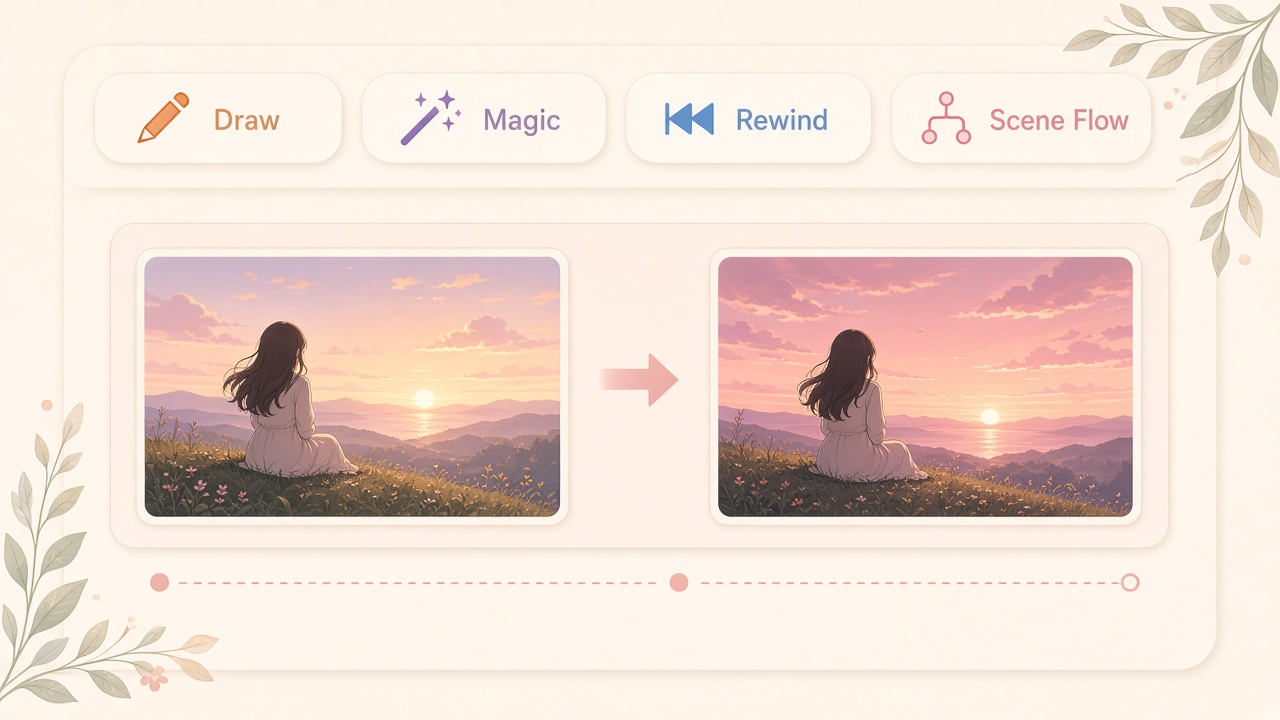 Timeline tools for edit, regenerate, rewind, and branch shown as a story editing bar