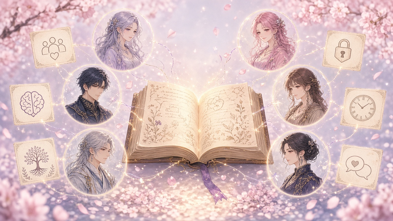 Open story ledger surrounded by character portraits and memory notes