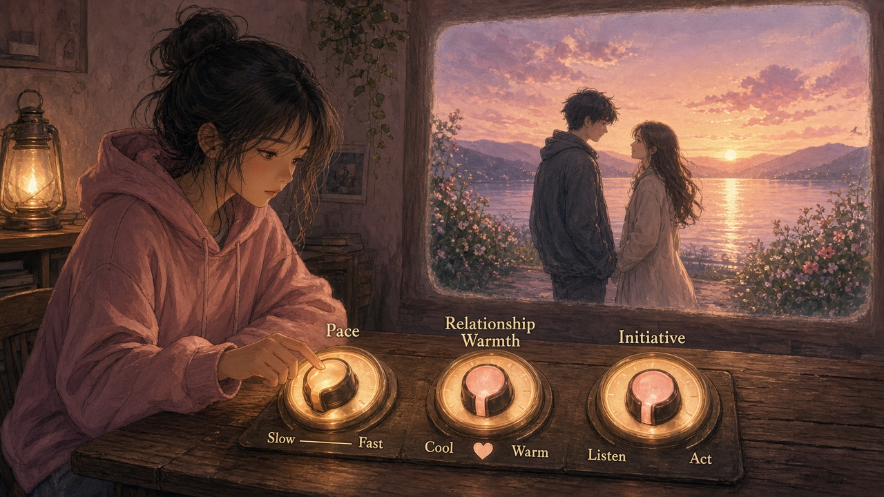 Interactive story controls steering an anime story scene so it does not drift