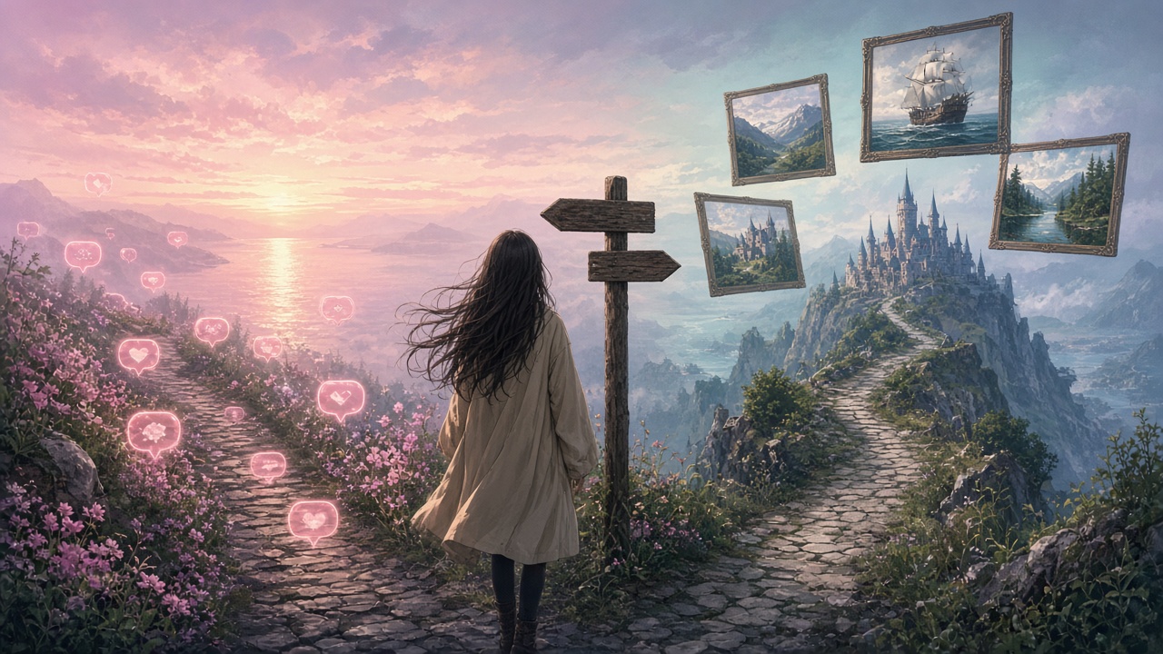 Anime-style path choice between chat bubbles and illustrated story worlds