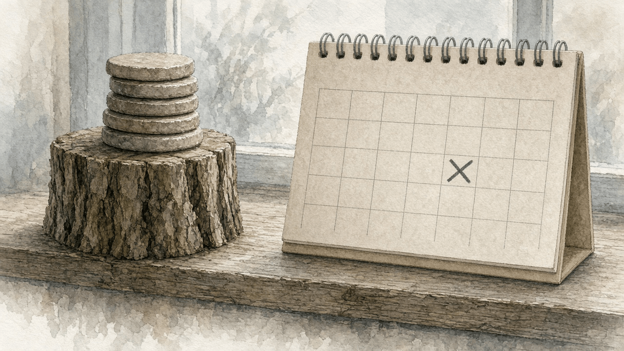 Watercolor still-life of stacked coins on a stump beside a calendar marked with an X