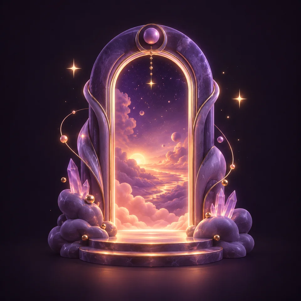 A glowing violet doorway opening into a golden night sky